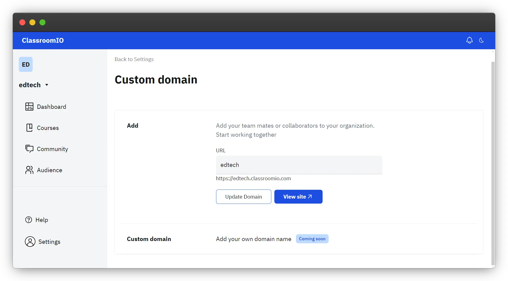 Edit Custom domain URL